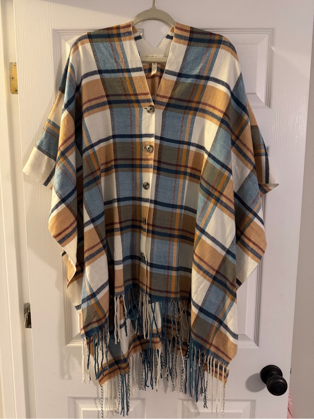 Matilda Jane Warm Sunset Plaid Button Front Fringe Poncho